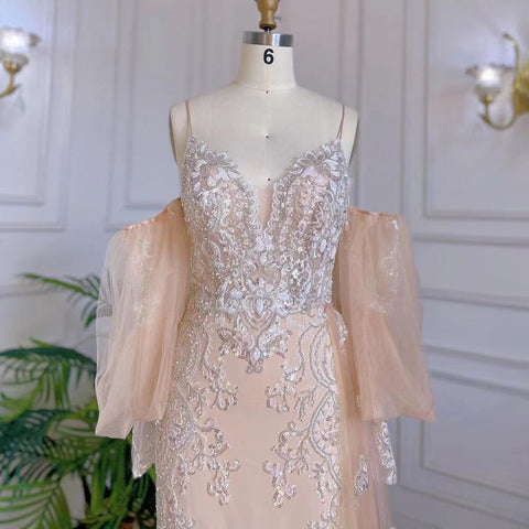 Champagne Mermaid Sexy Spaghetti Straps High Split Overskirt Evening Dresses Gowns Luxury Beaded 2025 LA71727