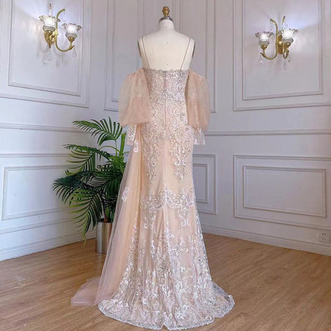 Champagne Mermaid Sexy Spaghetti Straps High Split Overskirt Evening Dresses Gowns Luxury Beaded 2025 LA71727