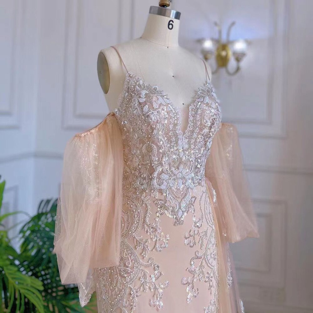 Champagne Mermaid Sexy Spaghetti Straps High Split Overskirt Evening Dresses Gowns Luxury Beaded 2025 LA71727