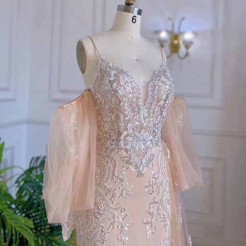 Champagne Mermaid Sexy Spaghetti Straps High Split Overskirt Evening Dresses Gowns Luxury Beaded 2025 LA71727