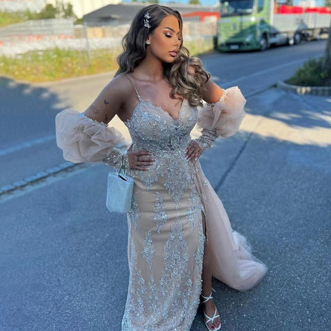 Champagne Mermaid Sexy Spaghetti Straps High Split Overskirt Evening Dresses Gowns Luxury Beaded 2025 LA71727