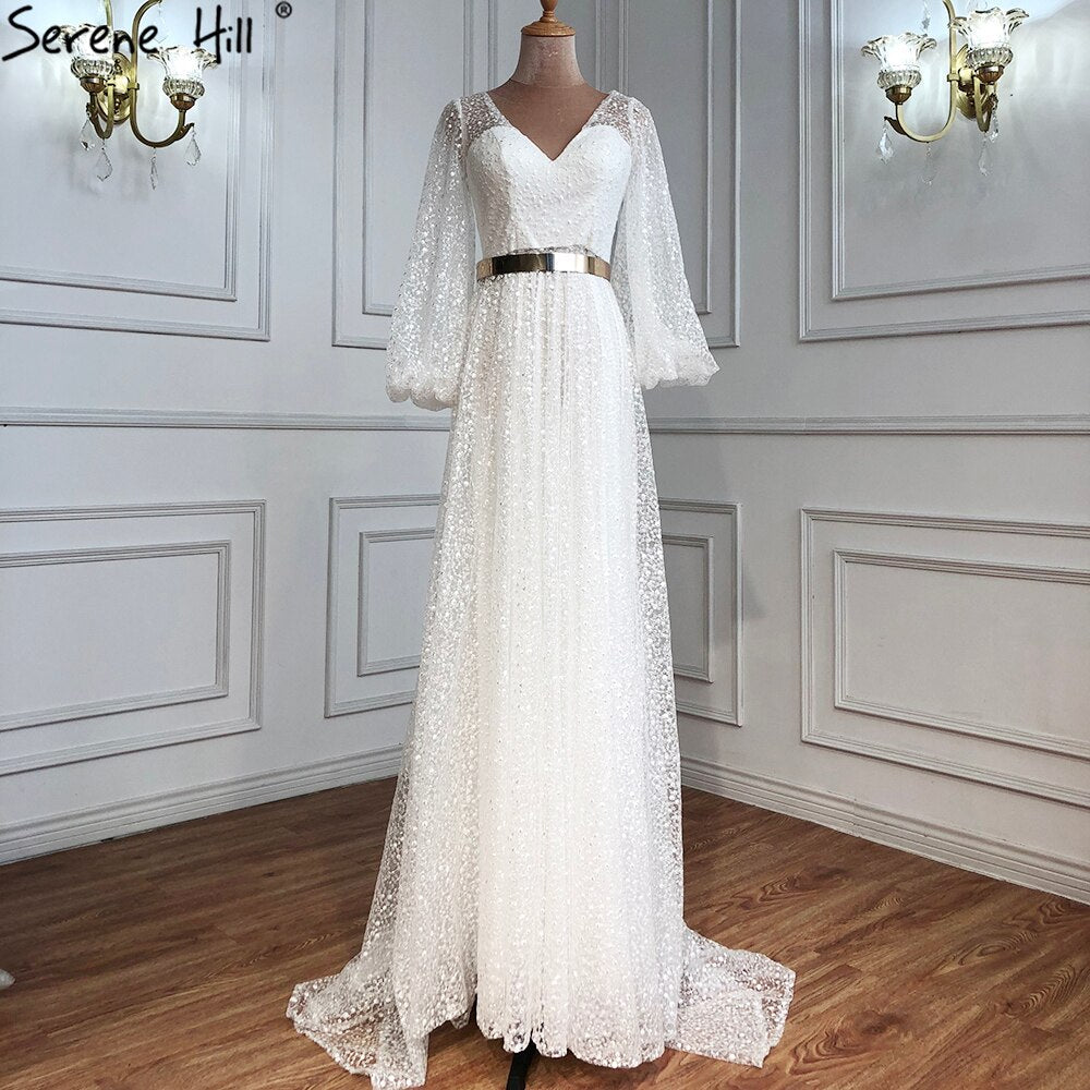 Champagne V-Neck  Latern Sleeve  Beach High Split  Evening Dresses Gowns  2025 A-Line  Lace  Formal Dress LA70194