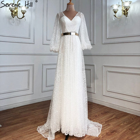 Champagne V-Neck  Latern Sleeve  Beach High Split  Evening Dresses Gowns  2025 A-Line  Lace  Formal Dress LA70194