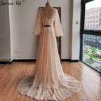 Champagne V-Neck  Latern Sleeve  Beach High Split  Evening Dresses Gowns  2025 A-Line  Lace  Formal Dress LA70194