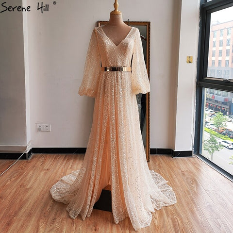 Champagne V-Neck  Latern Sleeve  Beach High Split  Evening Dresses Gowns  2025 A-Line  Lace  Formal Dress LA70194