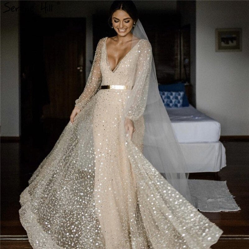 Champagne V-Neck  Latern Sleeve  Beach High Split  Evening Dresses Gowns  2025 A-Line  Lace  Formal Dress LA70194