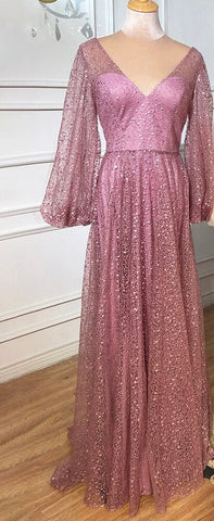 Champagne V-Neck  Latern Sleeve  Beach High Split  Evening Dresses Gowns  2025 A-Line  Lace  Formal Dress LA70194