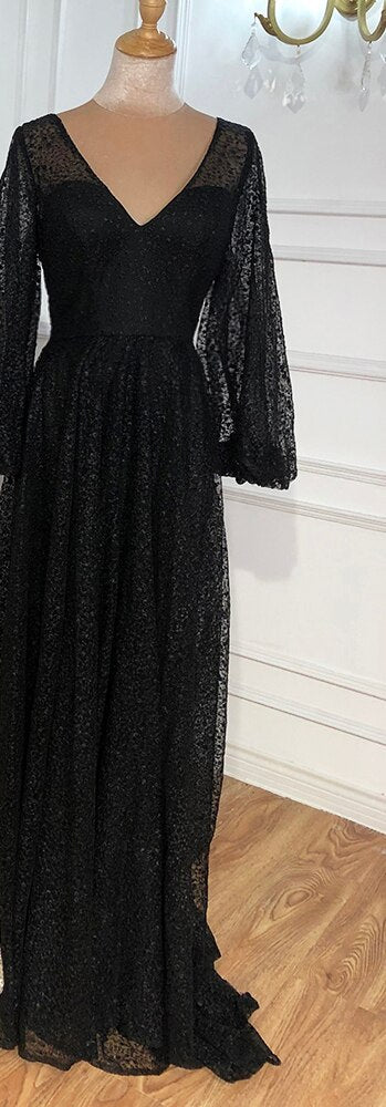 Champagne V-Neck  Latern Sleeve  Beach High Split  Evening Dresses Gowns  2025 A-Line  Lace  Formal Dress LA70194