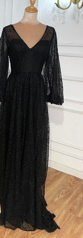 Champagne V-Neck  Latern Sleeve  Beach High Split  Evening Dresses Gowns  2025 A-Line  Lace  Formal Dress LA70194