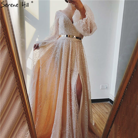 Champagne V-Neck  Latern Sleeve  Beach High Split  Evening Dresses Gowns  2025 A-Line  Lace  Formal Dress LA70194