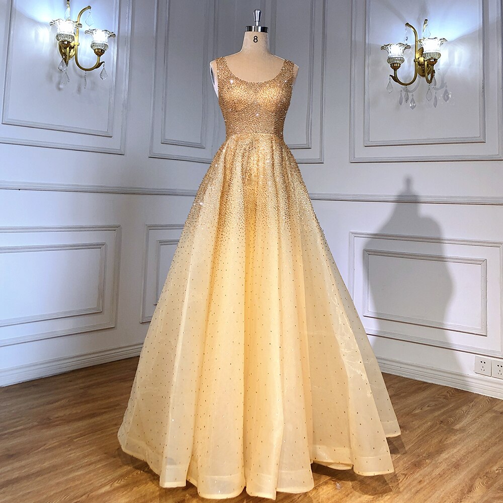 Champange A-Line Crystal Beaded Sexy Lace Up Luxury Dubai Evening Dresses Gowns For Women Wedding Party LA70232