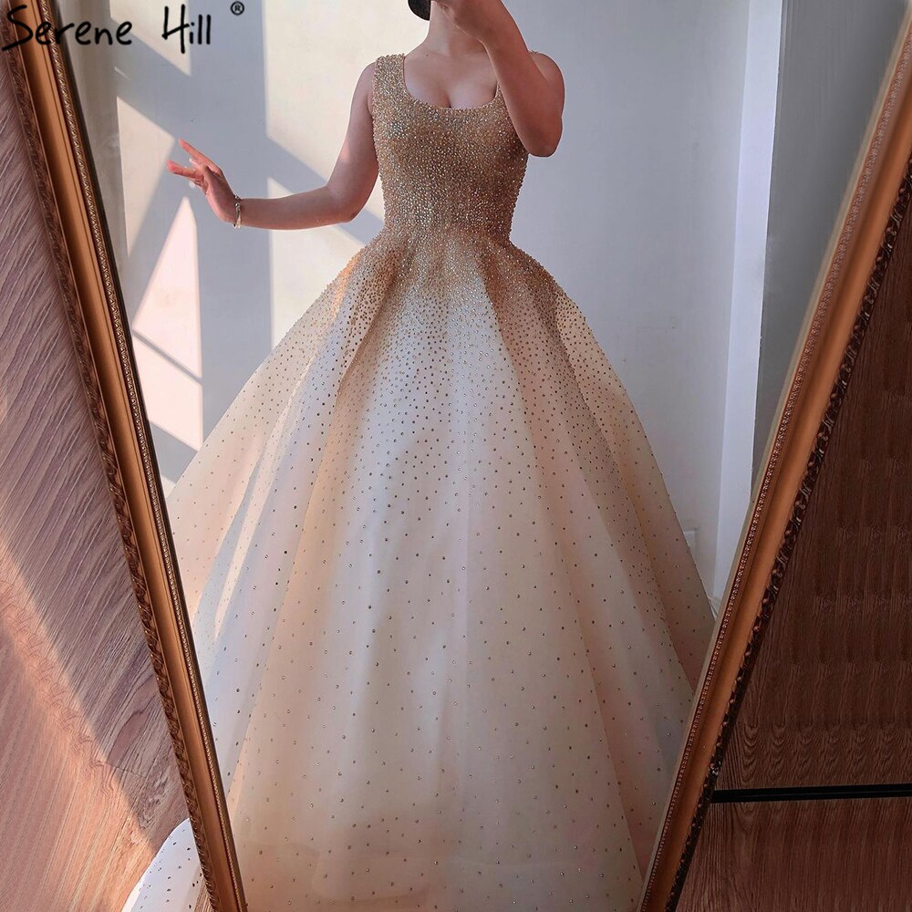 Champange A-Line Crystal Beaded Sexy Lace Up Luxury Dubai Evening Dresses Gowns For Women Wedding Party LA70232