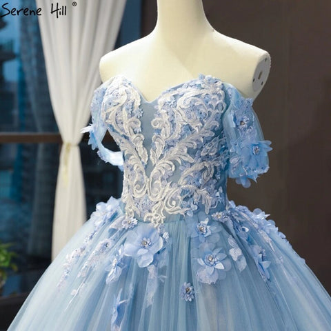 Clear Water Blue Evening Gowns 2025 Sleeveless Handmade Flowers Diamonds Formal Dress HM66706