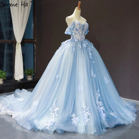 Clear Water Blue Evening Gowns 2025 Sleeveless Handmade Flowers Diamonds Formal Dress HM66706