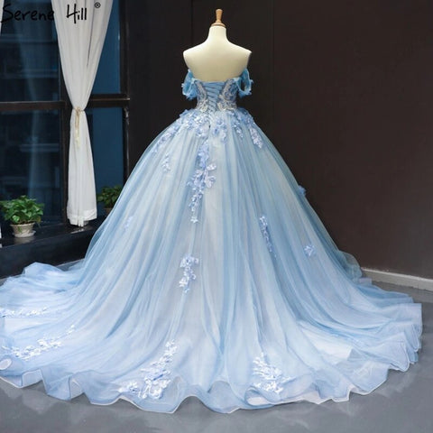 Clear Water Blue Evening Gowns 2025 Sleeveless Handmade Flowers Diamonds Formal Dress HM66706