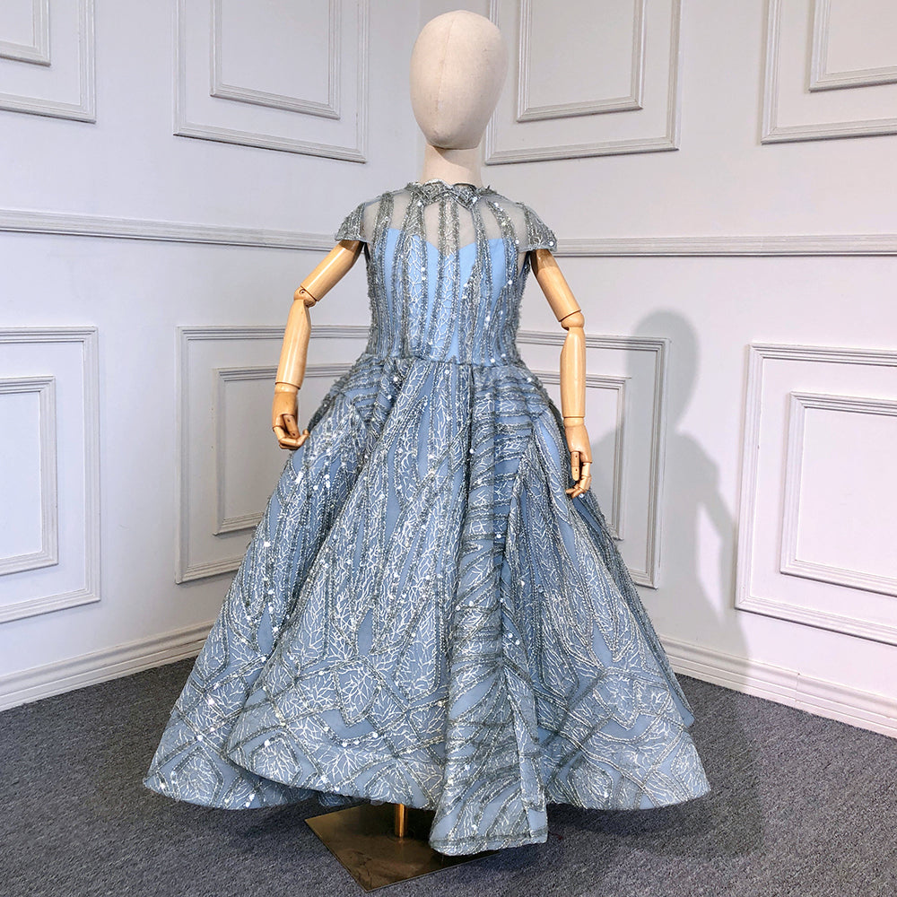Clear Water Blue Sparkle Flower Girl Dresses Cap Sleeves  For Party And Wedding 2025 HTA0051