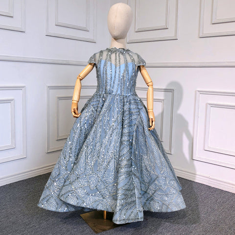 Clear Water Blue Sparkle Flower Girl Dresses Cap Sleeves  For Party And Wedding 2025 HTA0051