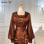 Coffee Satin Pleat Evening Dresses Gowns 2025 Mermaid Elegant Lantern Sleeve For Women Party LA71274