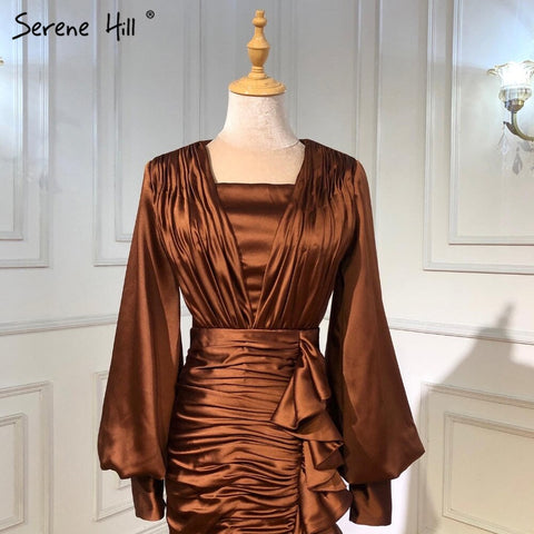 Coffee Satin Pleat Evening Dresses Gowns 2025 Mermaid Elegant Lantern Sleeve For Women Party LA71274