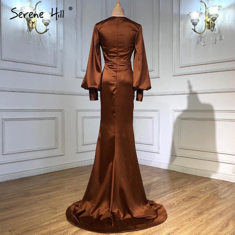 Coffee Satin Pleat Evening Dresses Gowns 2025 Mermaid Elegant Lantern Sleeve For Women Party LA71274