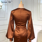 Coffee Satin Pleat Evening Dresses Gowns 2025 Mermaid Elegant Lantern Sleeve For Women Party LA71274