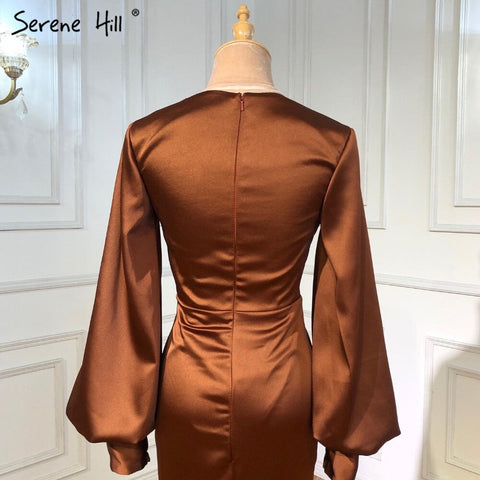 Coffee Satin Pleat Evening Dresses Gowns 2025 Mermaid Elegant Lantern Sleeve For Women Party LA71274