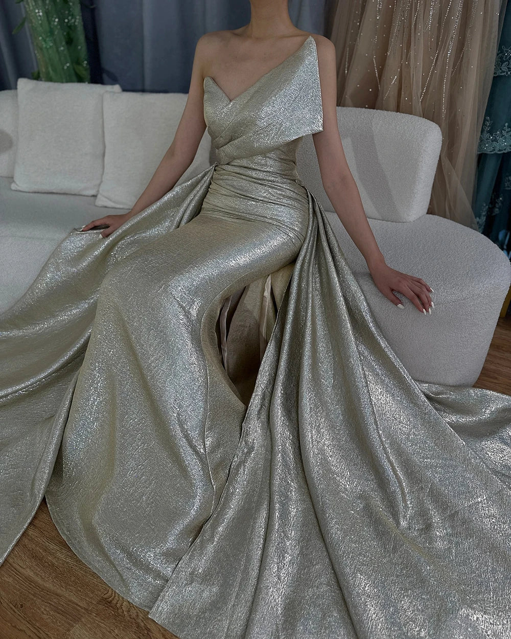 Dubai Gold Mermaid Evening Dress with Overskirt LA70626A