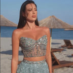 Customize 2025 Saudi Turquoise Strapless Two-Piece Evening Dress with High Split for Formal Occasion LA72786