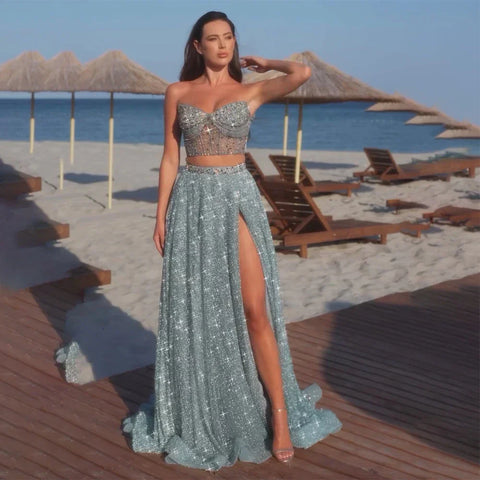 Customize 2025 Saudi Turquoise Strapless Two-Piece Evening Dress with High Split for Formal Occasion LA72786