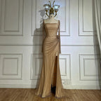 Customize 2025 Nude Elegant High Split Beaded Mermaid Saudi Arabic Evening Dresses Gown For Formal Occasion LA72801A