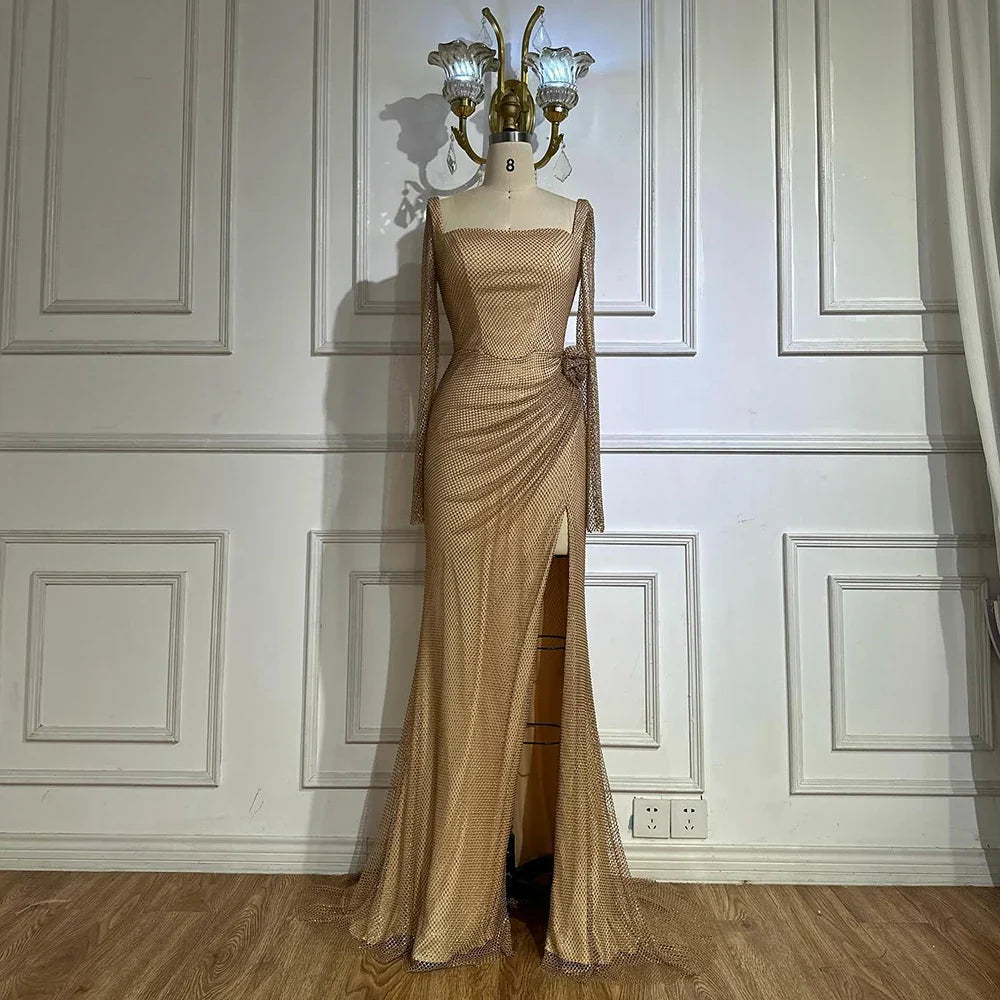 Customize 2025 Nude Elegant High Split Beaded Mermaid Saudi Arabic Evening Dresses Gown For Formal Occasion LA72801A