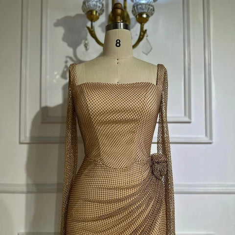 Customize 2025 Nude Elegant High Split Beaded Mermaid Saudi Arabic Evening Dresses Gown For Formal Occasion LA72801A