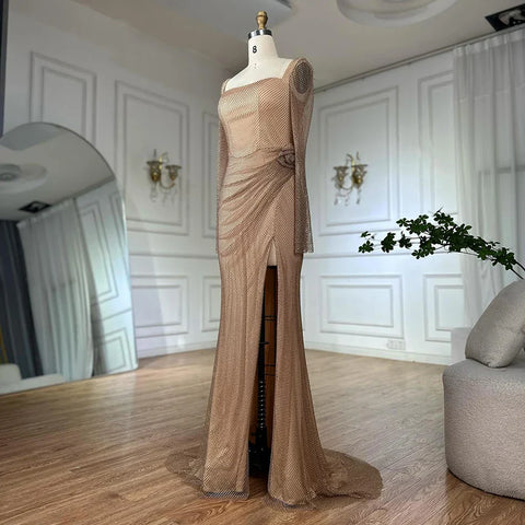 Customize 2025 Nude Elegant High Split Beaded Mermaid Saudi Arabic Evening Dresses Gown For Formal Occasion LA72801A