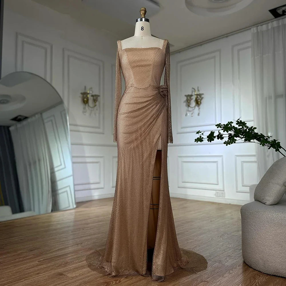 Customize 2025 Nude Elegant High Split Beaded Mermaid Saudi Arabic Evening Dresses Gown For Formal Occasion LA72801A