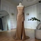 Customize 2025 Nude Elegant High Split Beaded Mermaid Saudi Arabic Evening Dresses Gown For Formal Occasion LA72801A