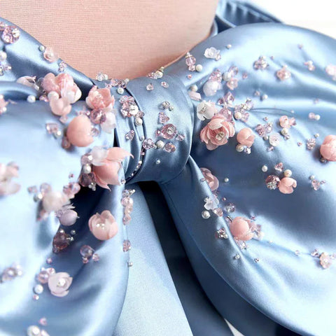 Vestido de noche árabe azul sin tirantes con cuentas, corte en A, estilo saudí, para ocasiones formales LA72792 