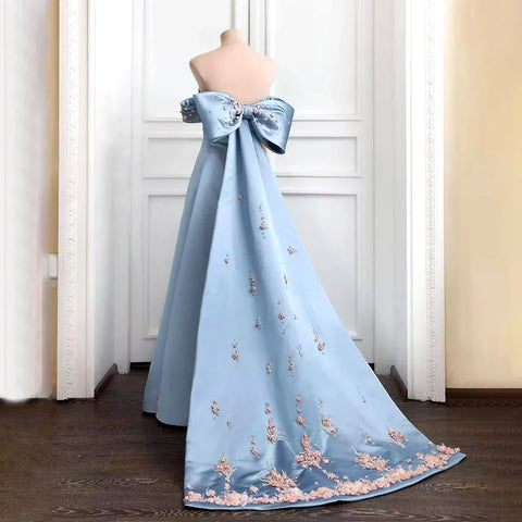 Vestido de noche árabe azul sin tirantes con cuentas, corte en A, estilo saudí, para ocasiones formales LA72792 