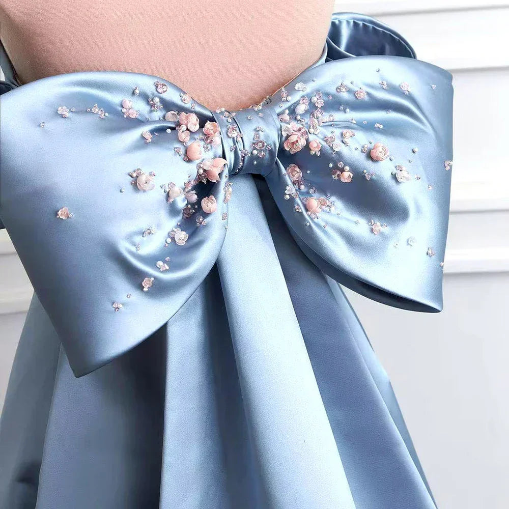Vestido de noche árabe azul sin tirantes con cuentas, corte en A, estilo saudí, para ocasiones formales LA72792 