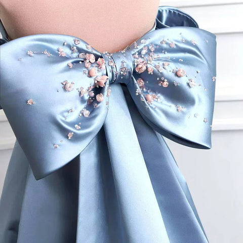 Vestido de noche árabe azul sin tirantes con cuentas, corte en A, estilo saudí, para ocasiones formales LA72792 