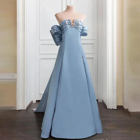 Vestido de noche árabe azul sin tirantes con cuentas, corte en A, estilo saudí, para ocasiones formales LA72792 