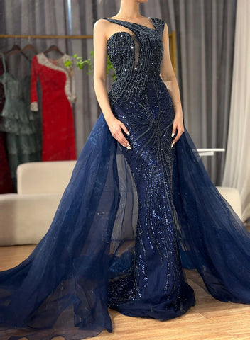 2025 Nude Mermaid Green Evening Gown with Elegant One Shoulder Overskirt for Formal Occasion LA72031A