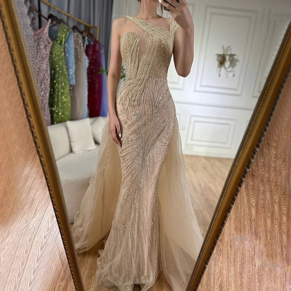 Vestido de noche verde sirena color nude 2025 con elegante sobrefalda de un solo hombro para ocasiones formales LA72031A 