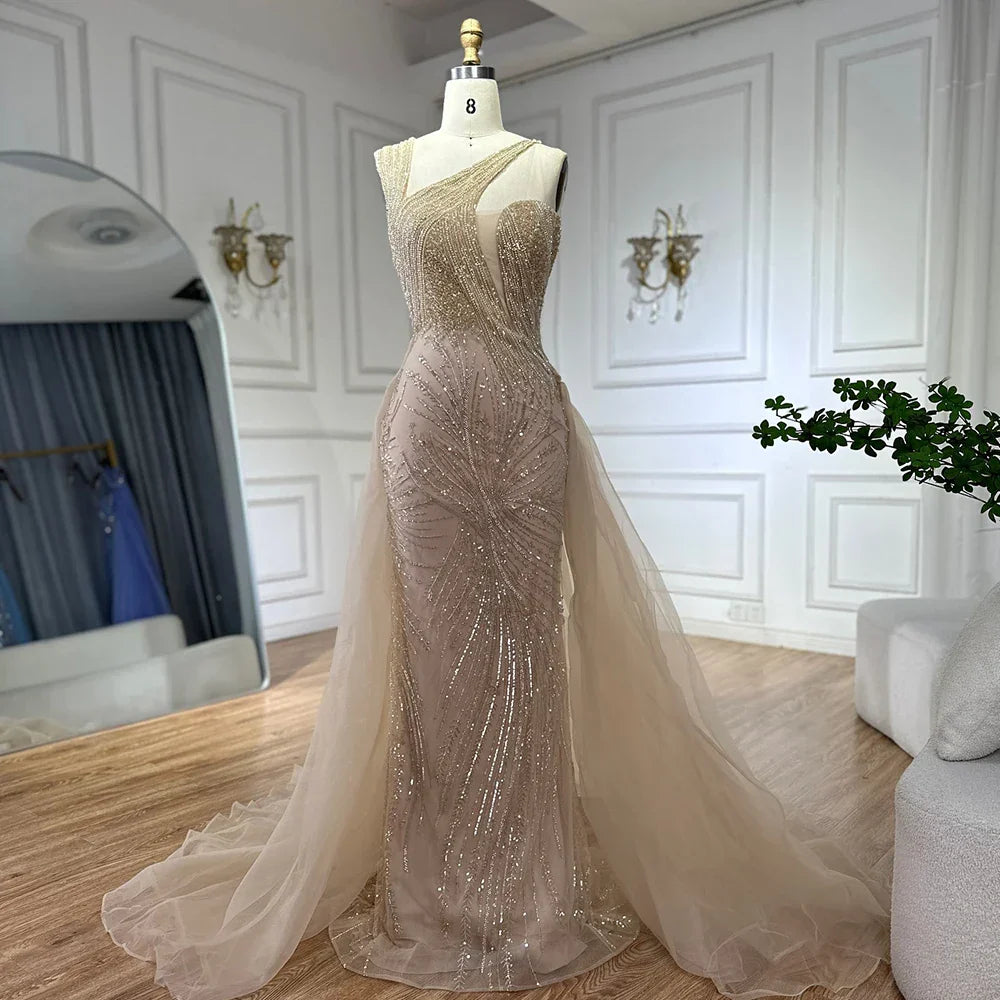 Vestido de noche verde sirena color nude 2025 con elegante sobrefalda de un solo hombro para ocasiones formales LA72031A 