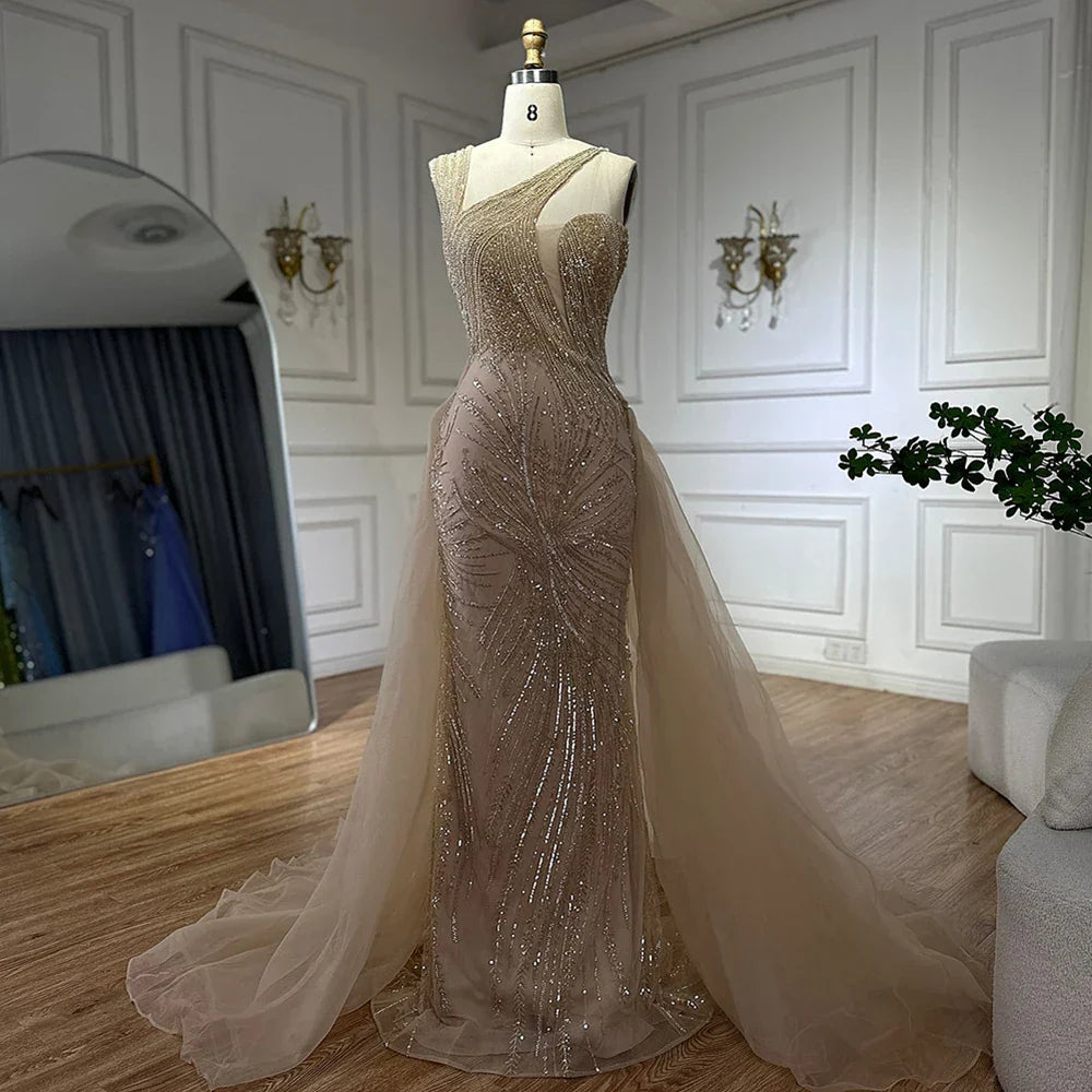 Vestido de noche verde sirena color nude 2025 con elegante sobrefalda de un solo hombro para ocasiones formales LA72031A 