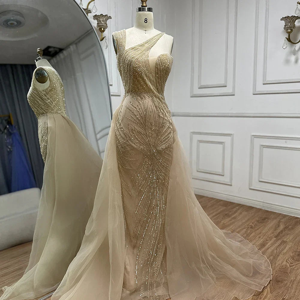 Vestido de noche verde sirena color nude 2025 con elegante sobrefalda de un solo hombro para ocasiones formales LA72031A 