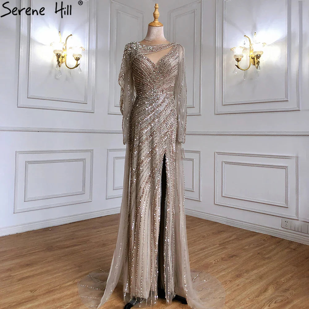Vestido de noche de sirena de lujo marrón 2025, elegante con cuentas y abertura alta para ocasiones formales LA70301L 