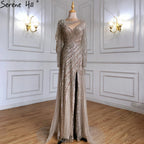 Vestido de noche de sirena de lujo marrón 2025, elegante con cuentas y abertura alta para ocasiones formales LA70301L 