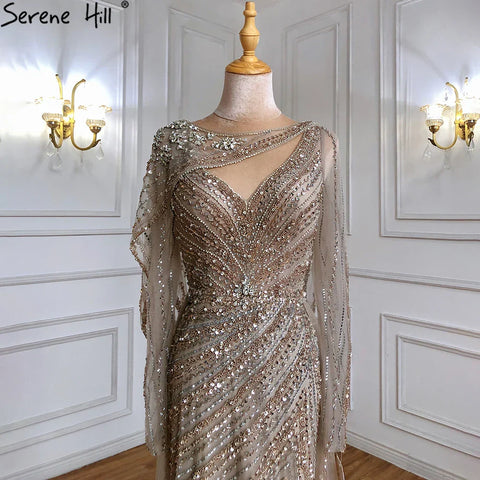 2025 Brown Luxury Mermaid Evening Dress Gown Beaded Elegant High Split For Formal Occasion LA70301L