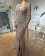 Vestido de noche de sirena de lujo marrón 2025, elegante con cuentas y abertura alta para ocasiones formales LA70301L 