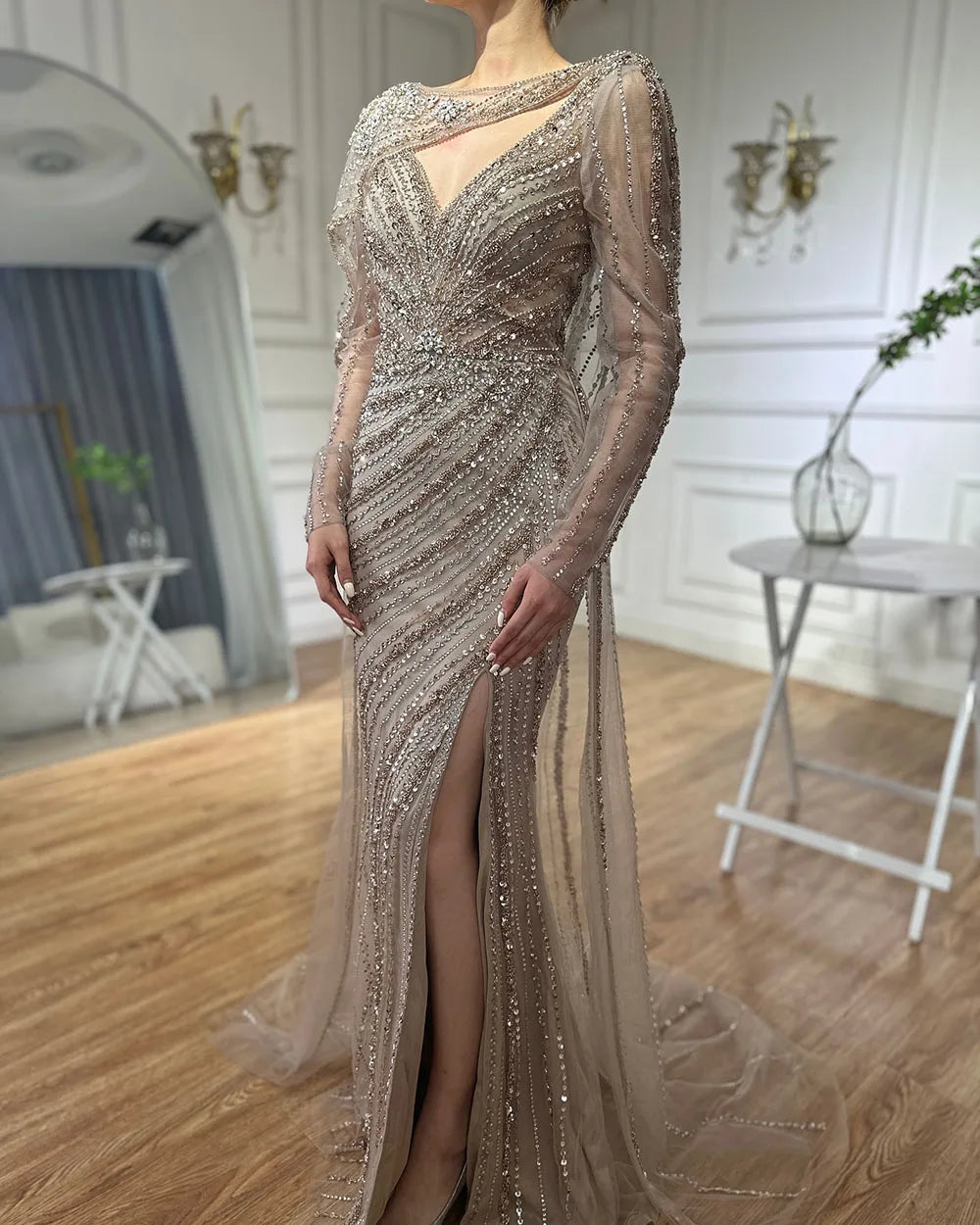 Vestido de noche de sirena de lujo marrón 2025, elegante con cuentas y abertura alta para ocasiones formales LA70301L 